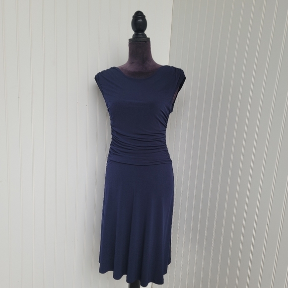 En Focus Studio Womens Stretch Dress Sz 6 Navy Blue Stretch Round Neck Ruched - Picture 1 of 9